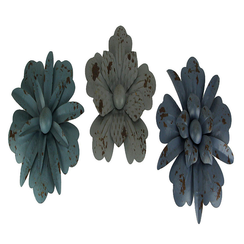 Zeckos Vintage Blue and Grey Metal Wall Art Flower Decor Hanging Sculptures Set of 3 Image
