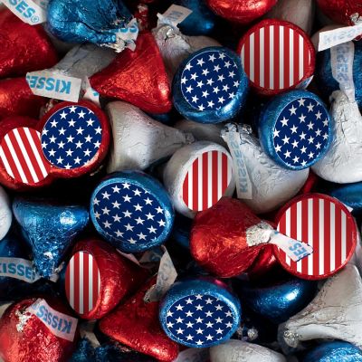 100 Pcs Patriotic Candy Hershey's Kisses Milk Chocolate, Red White & Blue (1lb, Approx. 100 Pcs)  - By Just Candy Image 1