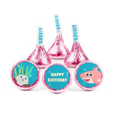 100ct Girl Shark Birthday Candy Party Favors Hershey's Kisses Milk Chocolate (100 Candies + 1 Sheet Stickers) - Assembly Required - by Just Candy Image 1