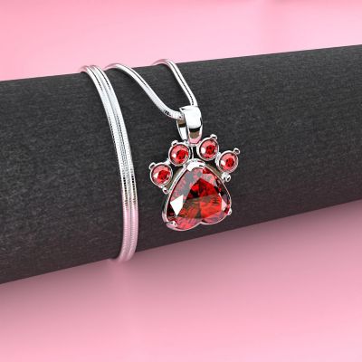 12 Months Birthstone Rhinestone Paw Print Pendant with Stainless Steel Necklace - January/Garnet Image 2