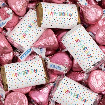 131 Pcs Birthday Candy Party Favors Hershey's Miniatures & Pink Kisses (1.65 lbs) - Dots Image 1