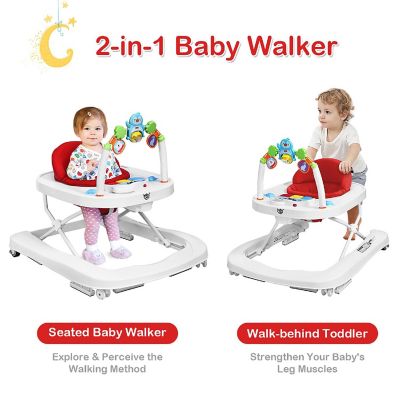 2-in-1 Foldable Baby Walker w/ Adjustable Heights & Detachable Toy Tray Red Image 2