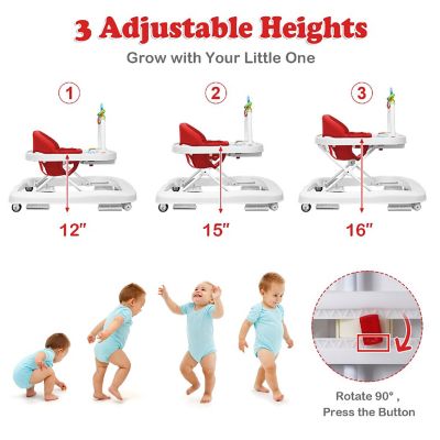 2-in-1 Foldable Baby Walker w/ Adjustable Heights & Detachable Toy Tray Red Image 3