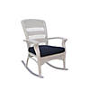 42" White Resin Wicker Rocker Chair with Blue Cushion Image 1