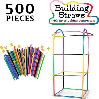 500pc Building Straws & Connectors Set for Kids - Includes 7 Plus Interlocking Connectors - Nostalgic Educational Construction Toy Helps Develop Motor Skills & Image 1
