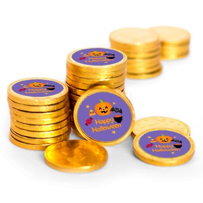 84 Pcs Halloween Candy Party Favors Chocolate Coins - Gold Foil - Pumpkin & Bats Image 1