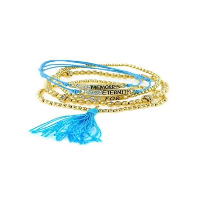 A Blonde and Her Bag Jewelry - "Memories For Eternity" Bracelet with Gold Beads And Blue Tassel - Set Of 5 Image 1