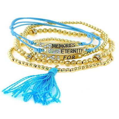 A Blonde and Her Bag Jewelry - "Memories For Eternity" Bracelet with Gold Beads And Blue Tassel - Set Of 5 Image 1