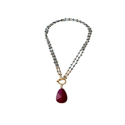 A Blonde and Her Bag Jewelry - Royal Blue Crystal Layered Necklace with Natural Stone Red Agate Drop Image 1