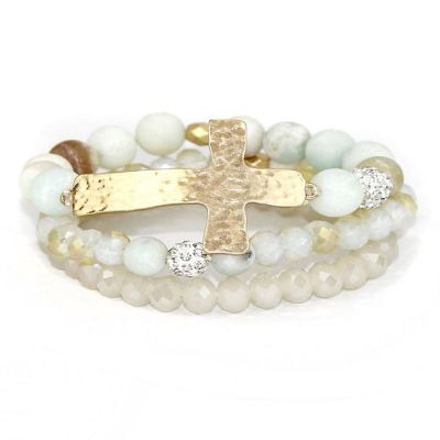 A Blonde and Her Bag Jewelry - Soapstone And Crystal Beaded Stretch Bracelet with Gold Cross - Set Of 3 Image 1