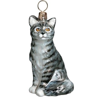 American Shorthair Gray Sitting Cat Polish Glass Christmas Ornament Decoration Image 1