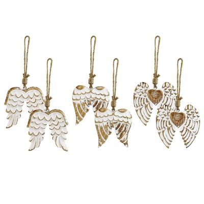 AuldHome Angel Wing Wooden Ornaments (Set of 6); Farmhouse Rustic Carved Wood Christmas Decorations Image 1