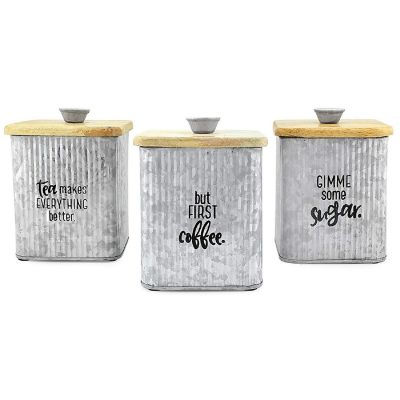 AuldHome Design Farmhouse Galvanized Canisters (Set of 3); Storage Containers for Coffee, Tea and Sugar in Galvanized Iron and Wood Design Image 1