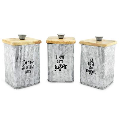 AuldHome Design Farmhouse Galvanized Canisters (Set of 3); Storage Containers for Coffee, Tea and Sugar in Galvanized Iron and Wood Design Image 2