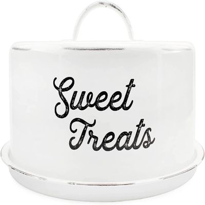 AuldHome Enamelware White Cake Cover; Rustic Decorative Cake Plate with Domed Lid Image 2
