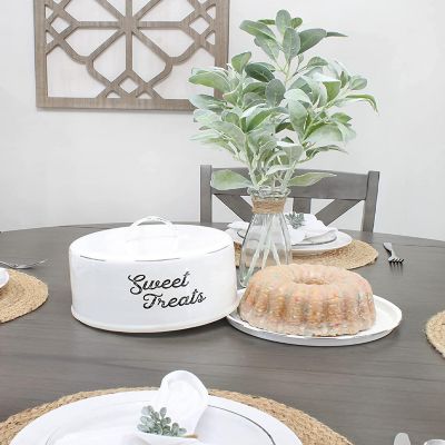 AuldHome Enamelware White Cake Cover; Rustic Decorative Cake Plate with Domed Lid Image 3