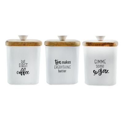 AuldHome Farmhouse White Enamelware Canisters (Set of 3); Storage Containers for Coffee, Tea and Sugar in White Enamel and Wood Design Image 1