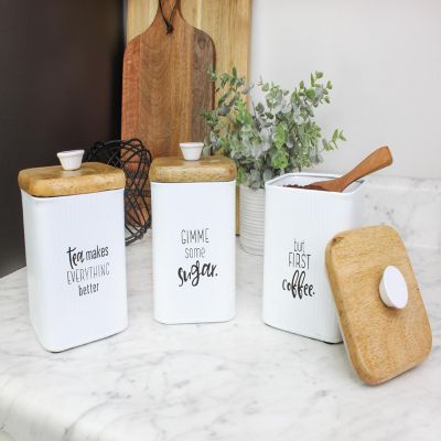AuldHome Farmhouse White Enamelware Canisters (Set of 3); Storage Containers for Coffee, Tea and Sugar in White Enamel and Wood Design Image 3