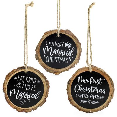 AuldHome First Married Christmas Ornaments (Set of 3); Wood Slice Chalkboard Style Rustic Holiday Decorations for Newlyweds and Wedding Gifts Image 1