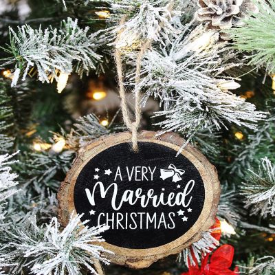 AuldHome First Married Christmas Ornaments (Set of 3); Wood Slice Chalkboard Style Rustic Holiday Decorations for Newlyweds and Wedding Gifts Image 1