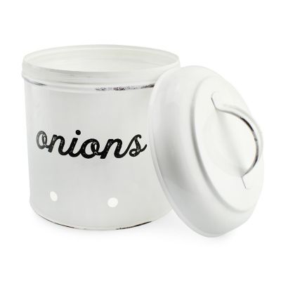 AuldHome Potatoes, Onions and Garlic Canister Set; Rustic White Enamelware Vegetable Storage Containers Image 1