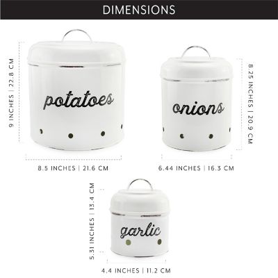 AuldHome Potatoes, Onions and Garlic Canister Set; Rustic White Enamelware Vegetable Storage Containers Image 2