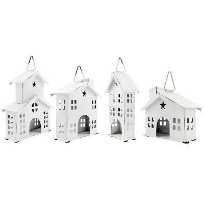 AuldHome Rustic White Tin Ornaments (Set of 4 Houses, White); Vintage Style Metal Christmas Tree Decorations Image 1