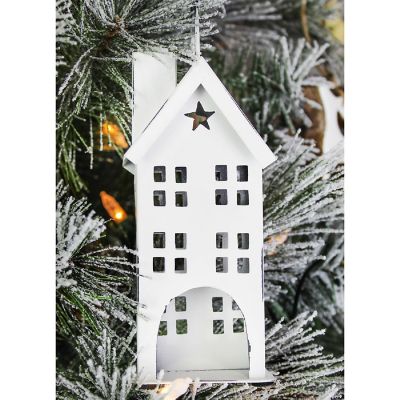 AuldHome Rustic White Tin Ornaments (Set of 4 Houses, White); Vintage Style Metal Christmas Tree Decorations Image 1