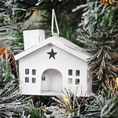 AuldHome Rustic White Tin Ornaments (Set of 4 Houses, White); Vintage Style Metal Christmas Tree Decorations Image 2