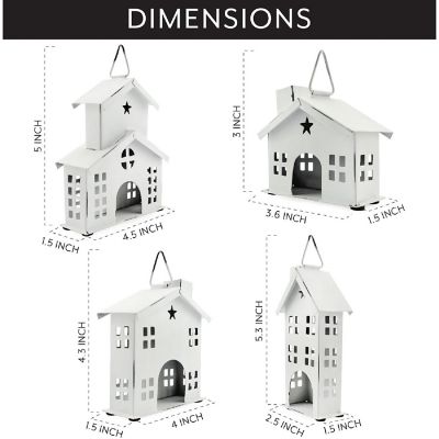 AuldHome Rustic White Tin Ornaments (Set of 4 Houses, White); Vintage Style Metal Christmas Tree Decorations Image 3
