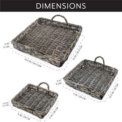 AuldHome Rustic Willow Basket Trays, Set of 3 (Square, Gray Washed); Natural Wicker Decorative Farmhouse Trays Image 2