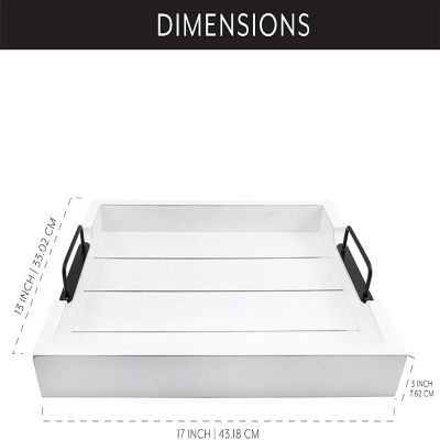 AuldHome Rustic Wood Serving Tray (White); Wooden Farmhouse Shiplap Decorative Ottoman Tray with Black Metal Handles, 16.75 x 12.75 Inches Image 2