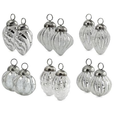 AuldHome Small Glass Finial Ornaments (Set of 12, Silver White); Distressed Metal Antique Style Christmas Decorations; Small to Medium Tree Sized Image 1