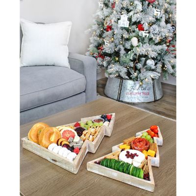 AuldHome Wooden Christmas Tree Trays (Nested Set of 2, Natural), Distressed Rustic Farmhouse Style Holiday Christmas Serving Decorative Platters Image 1