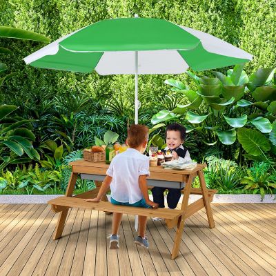 Babyjoy 3-in-1 Kids Picnic Table Outdoor Water Sand Table w/ Umbrella Play Boxes Image 3