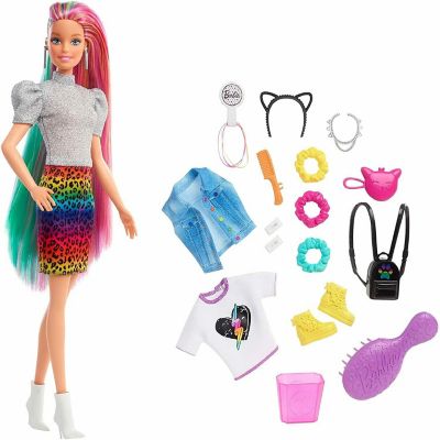 Barbie&#8482; Leopard Rainbow Hair Doll (Blonde) with Color-Change Hair Feature, 16 Hair & Fashion Play Accessories Image 1