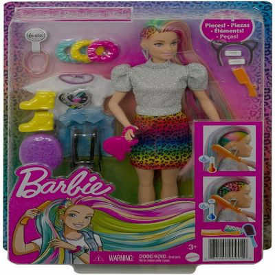 Barbie&#8482; Leopard Rainbow Hair Doll (Blonde) with Color-Change Hair Feature, 16 Hair & Fashion Play Accessories Image 3