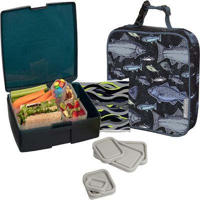 Bentology Lunch Bag and Box Set for Kids - Boys Insulated Lunchbox Tote, Bento Box, 5 Containers and Ice Pack - 9 Pieces - Fish Image 1