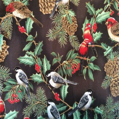 Birds in Pines on Black Holiday Serenade Cotton Image 1