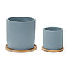 Blue Stone Planter With Wood Plate  (Set Of 2) 4.5"D X 4.25"H, 6.5"D X 6"H Cement Image 1