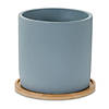 Blue Stone Planter With Wood Plate  (Set Of 2) 4.5"D X 4.25"H, 6.5"D X 6"H Cement Image 1