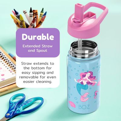 BOZ Kids Insulated Water Bottle with Straw Lid, Stainless Steel Vacuum Double Wall Water Cup, 14 oz (414ml) (Mermaid) Image 3
