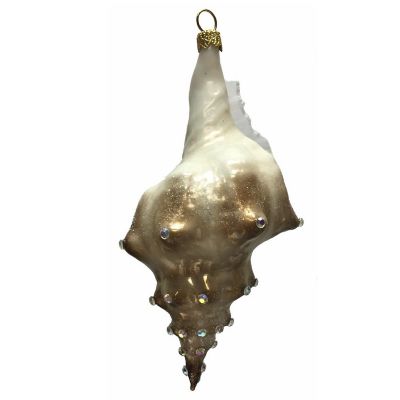 Brown and White Jeweled Seashell Polish Glass Christmas Ornament Shell Coastal Image 1