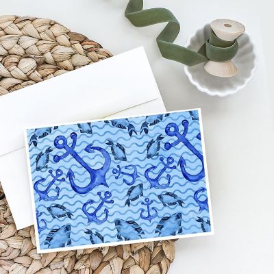 Caroline's Treasures Beach Watercolor Anchors and Fish Greeting Cards and Envelopes Pack of 8, 7 x 5, Nautical Image 1