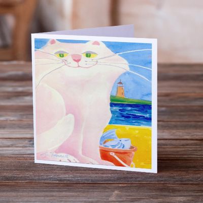 Caroline's Treasures Big white Cat at the beach Greeting Cards and Envelopes Pack of 8, 7 x 5, Nautical Image 1
