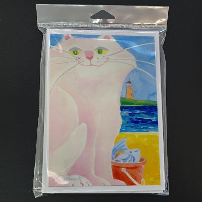 Caroline's Treasures Big white Cat at the beach Greeting Cards and Envelopes Pack of 8, 7 x 5, Nautical Image 2