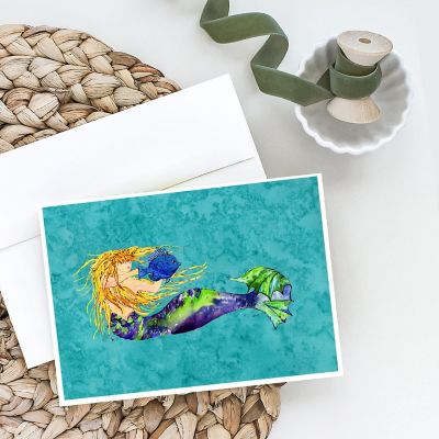 Caroline's Treasures Blonde Mermaid on Teal Greeting Cards and Envelopes Pack of 8, 7 x 5, Fantasy Image 1