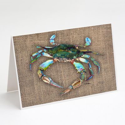 Caroline's Treasures Blue Crab on Faux Burlap Greeting Cards and Envelopes Pack of 8, 7 x 5, Seafood Image 1