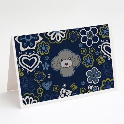 Caroline's Treasures Blue Flowers Silver Gray Poodle Greeting Cards and Envelopes Pack of 8, 7 x 5, Dogs Image 1