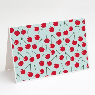 Caroline's Treasures Cherries on Blue Greeting Cards and Envelopes Pack of 8, 7 x 5, Food Image 1